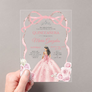 Invitations En Acrylique Dusty rose Bow Princess Silver Crown Quinceañera