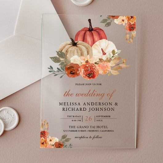 Invitations En Acrylique Earthy Burnt Orange Floral Pumpkin Wedding