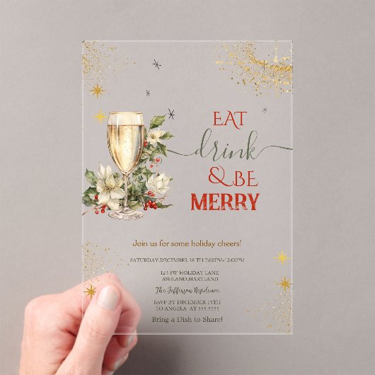 Invitations En Acrylique Eat Drink & Be Merry Champagne Flowers (In situ (ordinateur de poche))