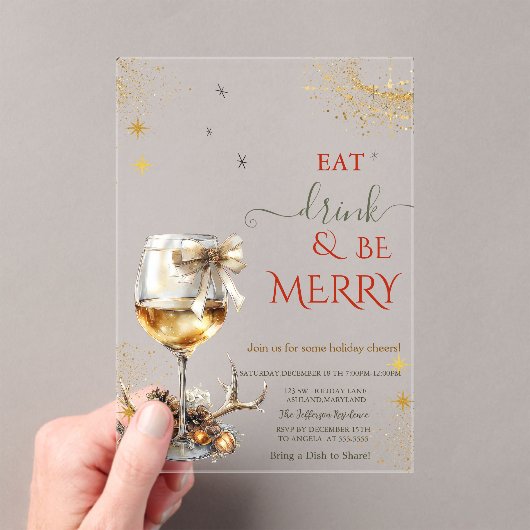 Invitations En Acrylique Eat Drink & Be Merry Wine Glass Bow (In situ (ordinateur de poche))