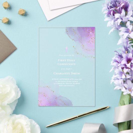 Invitations En Acrylique eau violette éclaboussure première sainte communio (Insitu (Mariage))