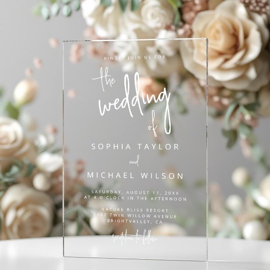 Invitations En Acrylique Écriture manuscrite moderne mariage blanc
