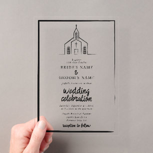 Invitations En Acrylique Église Dessinée à la Main Mariage Traditionnel Fan