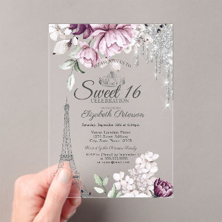 Invitations En Acrylique  Eiffel Tower,Drips,Lilac Flowers Sweet 16  