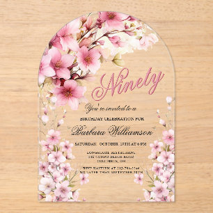 Invitations En Acrylique Elégance Arc Floral Rose 90ème anniversaire