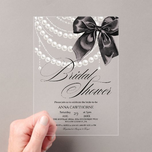Invitations En Acrylique  Elegance Black Bow Pearls Bridal Shower Acrylic (In situ (ordinateur de poche))