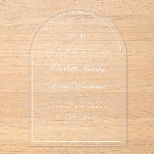Invitations En Acrylique Élégance classique Script Monogram Arch Mariage (Recto)