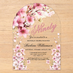 Invitations En Acrylique Élégance d'arche florale rose pour 90e anniversair