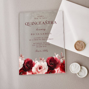Invitations En Acrylique Élégance de Rose Rouge : Fête de Quinceanera Magni