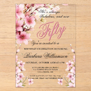 Invitations En Acrylique Elégance Florale Rose 50 ans & Fête d'Anniversaire