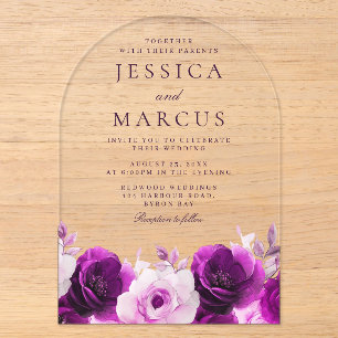 Invitations En Acrylique Élégance Violette : Mariage Floral Roses Violettes