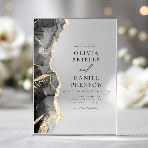 Invitations En Acrylique Élégant Agate Noir Or Mariage Élégant Chic