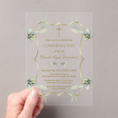 Invitations En Acrylique Elégant Airy Greenery Gold Cross Confirmation (In situ (ordinateur de poche))