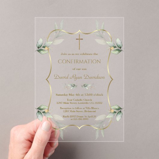 Invitations En Acrylique Elégant Airy Greenery Gold Cross Confirmation (In situ (ordinateur de poche))