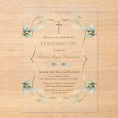 Invitations En Acrylique Elégant Airy Greenery Gold Cross Confirmation (Recto)
