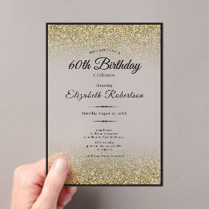 Invitations En Acrylique Elégant Anniversaire 60 ans Paillettes Noir et Or
