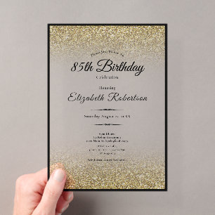 Invitations En Acrylique Elégant Anniversaire 85 ans Paillettes Noir et Or