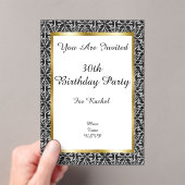 Invitations En Acrylique Elégant Anniversaire Damask Gold Frame Noir Blanc (In situ (ordinateur de poche))