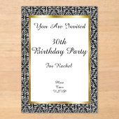 Invitations En Acrylique Elégant Anniversaire Damask Gold Frame Noir Blanc (Recto)