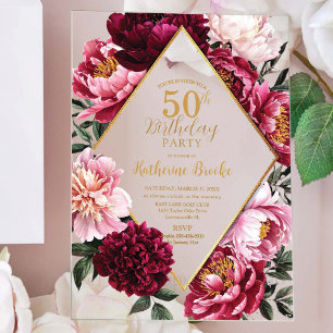 Invitations En Acrylique Élégant Anniversaire Floral Bourgogne et Rose Pivo