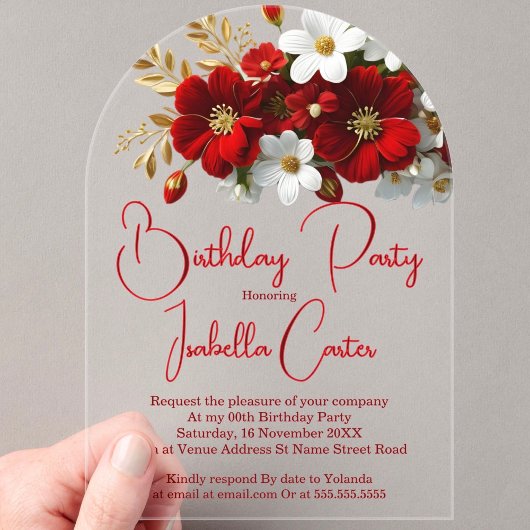 Invitations En Acrylique Élégant Anniversaire Rouge brillant Blanc Or Flora