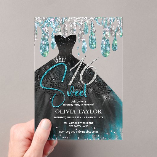 Invitations En Acrylique Elégant aqua bleu robe noire douce 16 monogramme (In situ (ordinateur de poche))