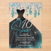Invitations En Acrylique Elégant aqua bleu robe noire douce 16 monogramme (Recto)