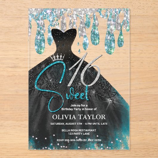 Invitations En Acrylique Elégant aqua bleu robe noire douce 16 monogramme (Recto)