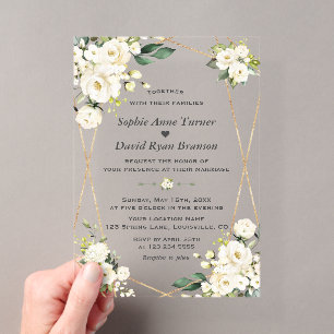 Invitations En Acrylique Élégant aquarelle fleurs blanches mariage or