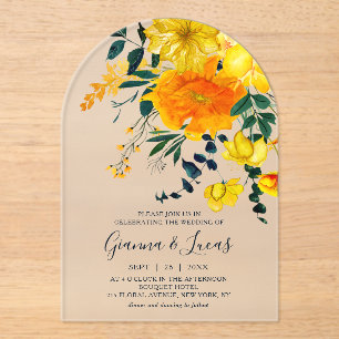 Invitations En Acrylique Elégant Aquarelle Jaune Botanique Floral Mariage