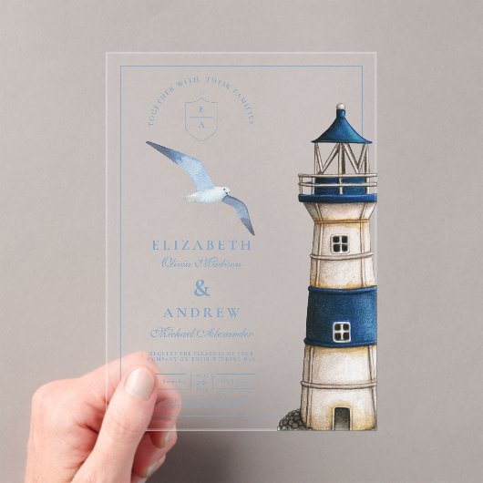 Invitations En Acrylique Elégant aquarelle Mariage phare nautique (In situ (ordinateur de poche))