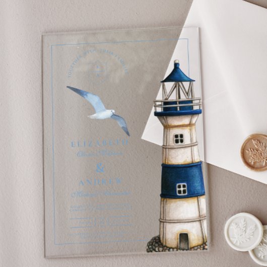 Invitations En Acrylique Elégant aquarelle Mariage phare nautique