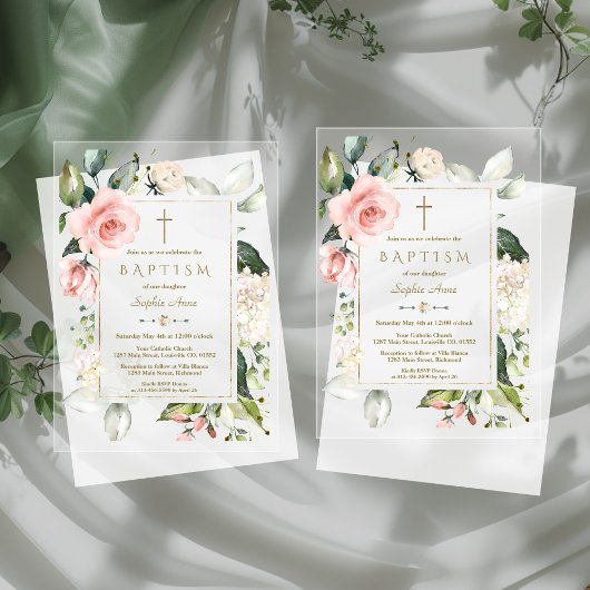 Invitations En Acrylique Elégant Aquarelle rose Fleurs de crème Baptême