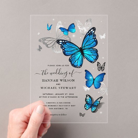 Invitations En Acrylique Elégant Aquarelle Silver Blue Butterfly Mariage (In situ (ordinateur de poche))