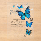 Invitations En Acrylique Elégant Aquarelle Silver Blue Butterfly Mariage (Recto)