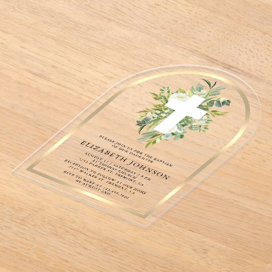 Invitations En Acrylique Elégant Aquarelle Verdure Arc Or Baptême (Poser)
