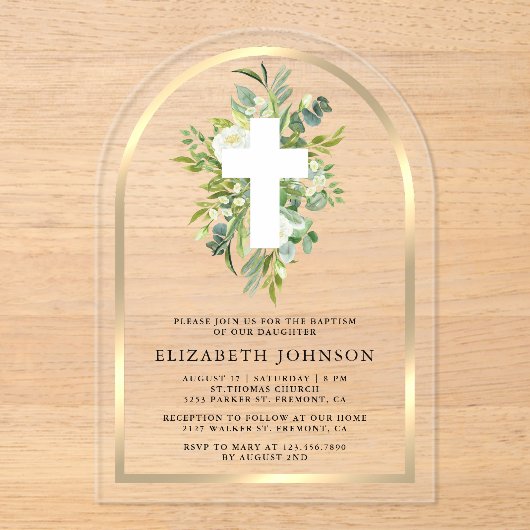 Invitations En Acrylique Elégant Aquarelle Verdure Arc Or Baptême (Recto)