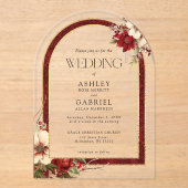 Invitations En Acrylique Élégant Arc floral rouge de Noël Damas (Recto)