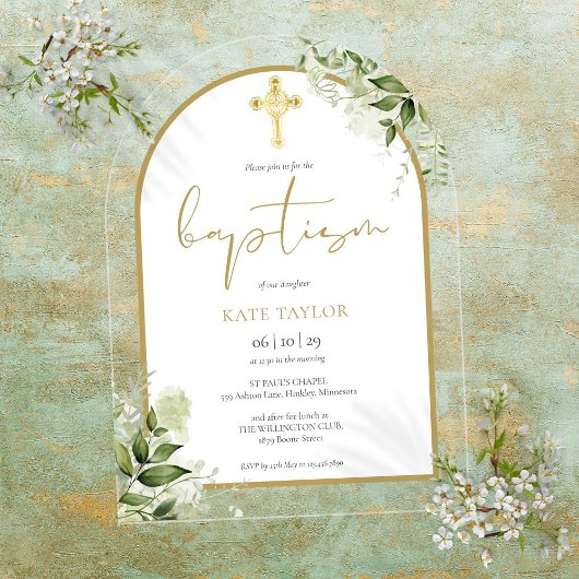 Invitations En Acrylique Élégant Arc Or Verdure Foliage Floral Baptême