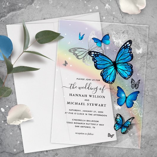 Invitations En Acrylique Elégant Argent Arc-en-ciel et Mariage Papillon ble