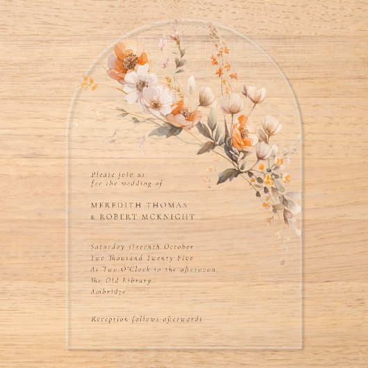 Invitations En Acrylique Elégant automne orange et Brown Mariage Fleur sauv (Recto)