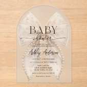 Invitations En Acrylique Elégant Baby shower blanc Pearl Bow (Recto)