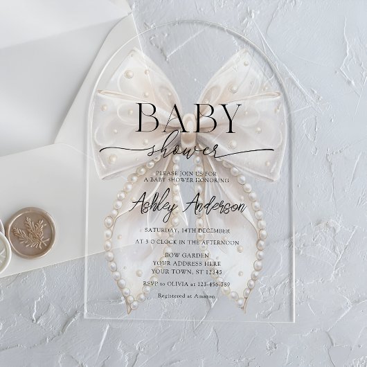 Invitations En Acrylique Elégant Baby shower blanc Pearl Bow