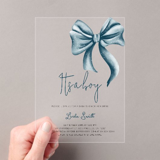 Invitations En Acrylique Elégant Baby shower Boy Blue Bow (In situ (ordinateur de poche))
