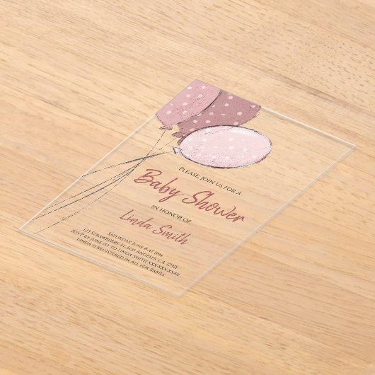 Invitations En Acrylique Élégant Baby shower fille de ballons roses (Poser)