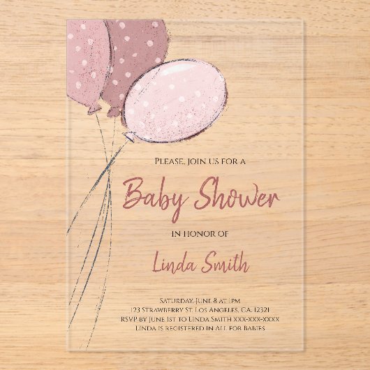 Invitations En Acrylique Élégant Baby shower fille de ballons roses (Recto)