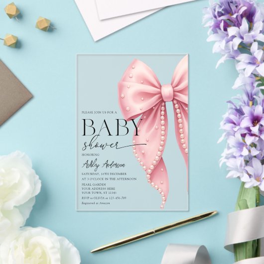 Invitations En Acrylique Elégant Baby shower Pearl Bow Girl (Insitu (Mariage))