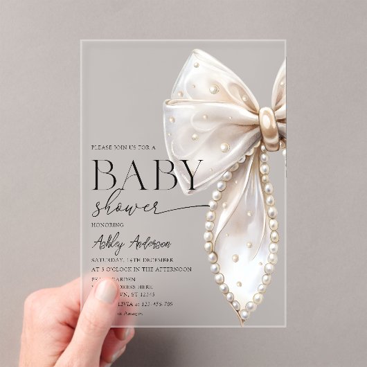 Invitations En Acrylique Elégant Baby shower Pearl Bow Girl (In situ (ordinateur de poche))