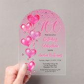 Invitations En Acrylique Élégant Ballons de Coeur Rose 100e fête d'annivers (In situ (ordinateur de poche))