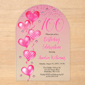 Invitations En Acrylique Élégant Ballons de Coeur Rose 100e fête d'annivers (Recto)